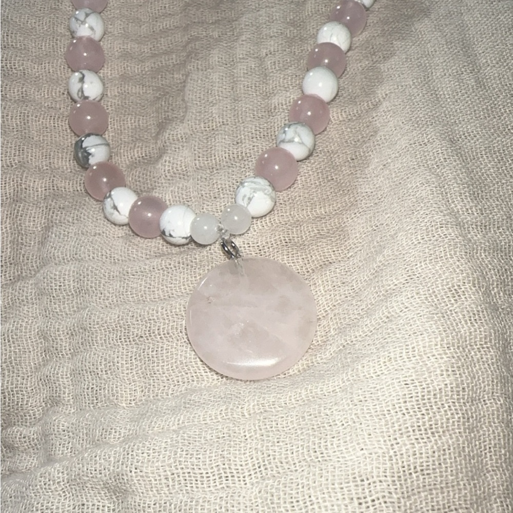 Rose Quartz Moon Necklace (Rose Quartz, Moonstone and Howlite Beads)